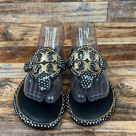 Tory Burch Miller Black Polka Dot Sandals Womens 9 Gold Logo Flat Shoe Flip Flop - Picture 1 of 9